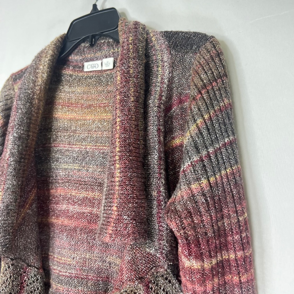 Cato Open Front Fringe Cardigan M Boho Striped Lightweight Knit Festival Earthy - Picture 2 of 12